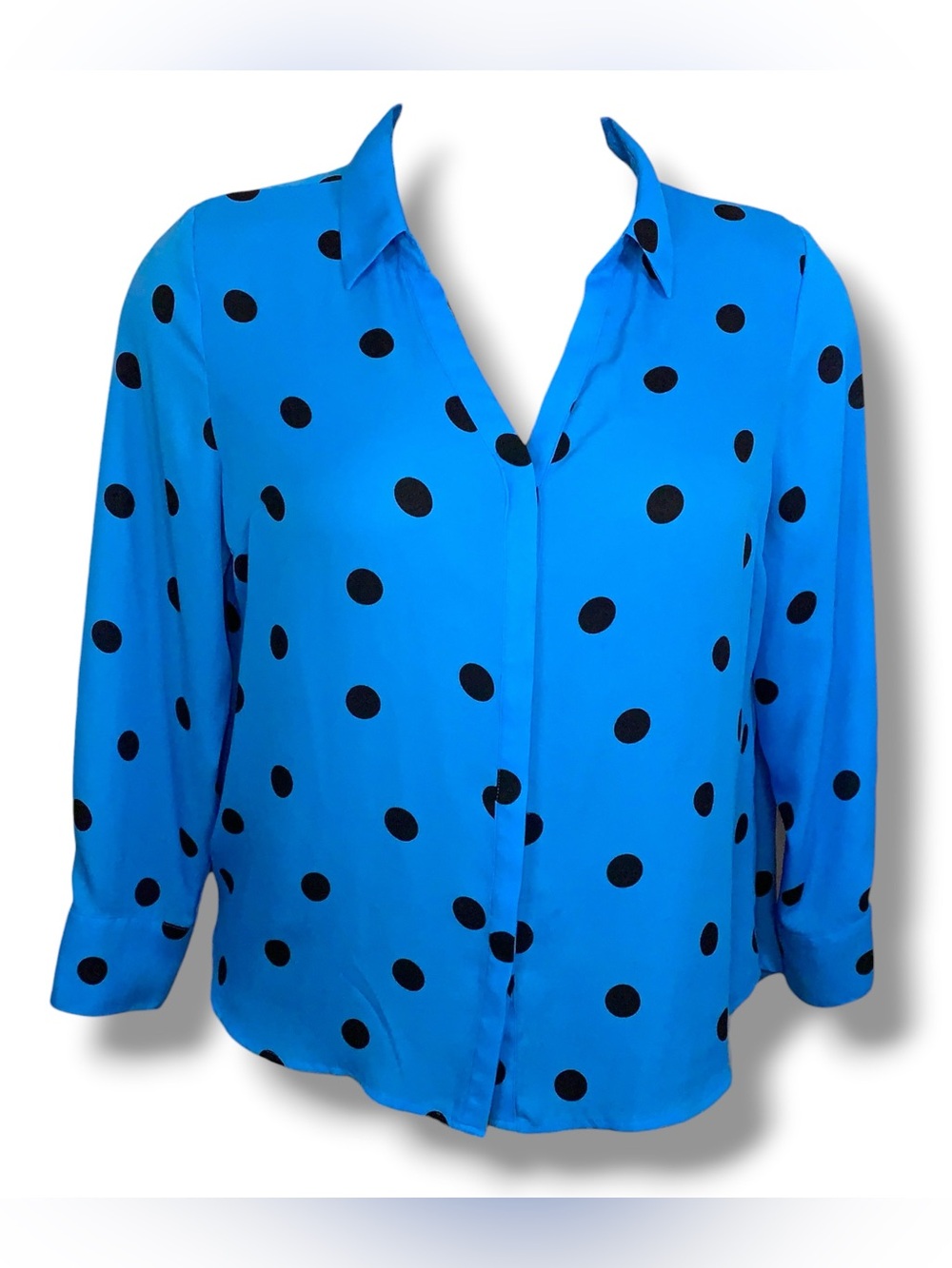 Petite XL Worthington Blue Black Polka Dot Blouse Button Up Vneck Long Sleeve